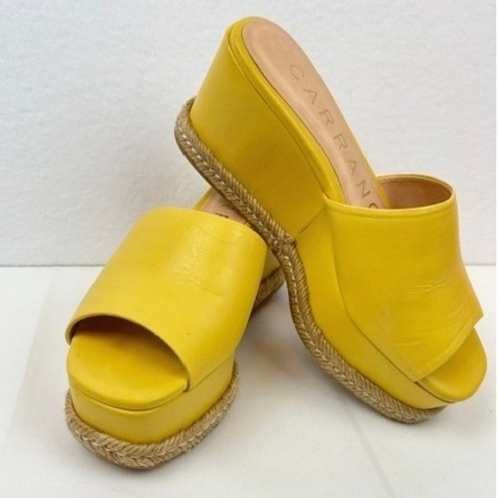 Carrano Leather Platform Espadrille Wedge Sandals Mustard Womens Size 7/38